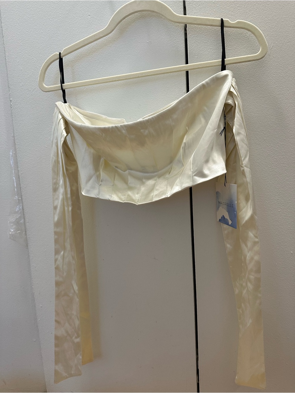 Majorelle Women's Cream Satin Off-Shoulder Crop Top with Tie Strap Detail NWT